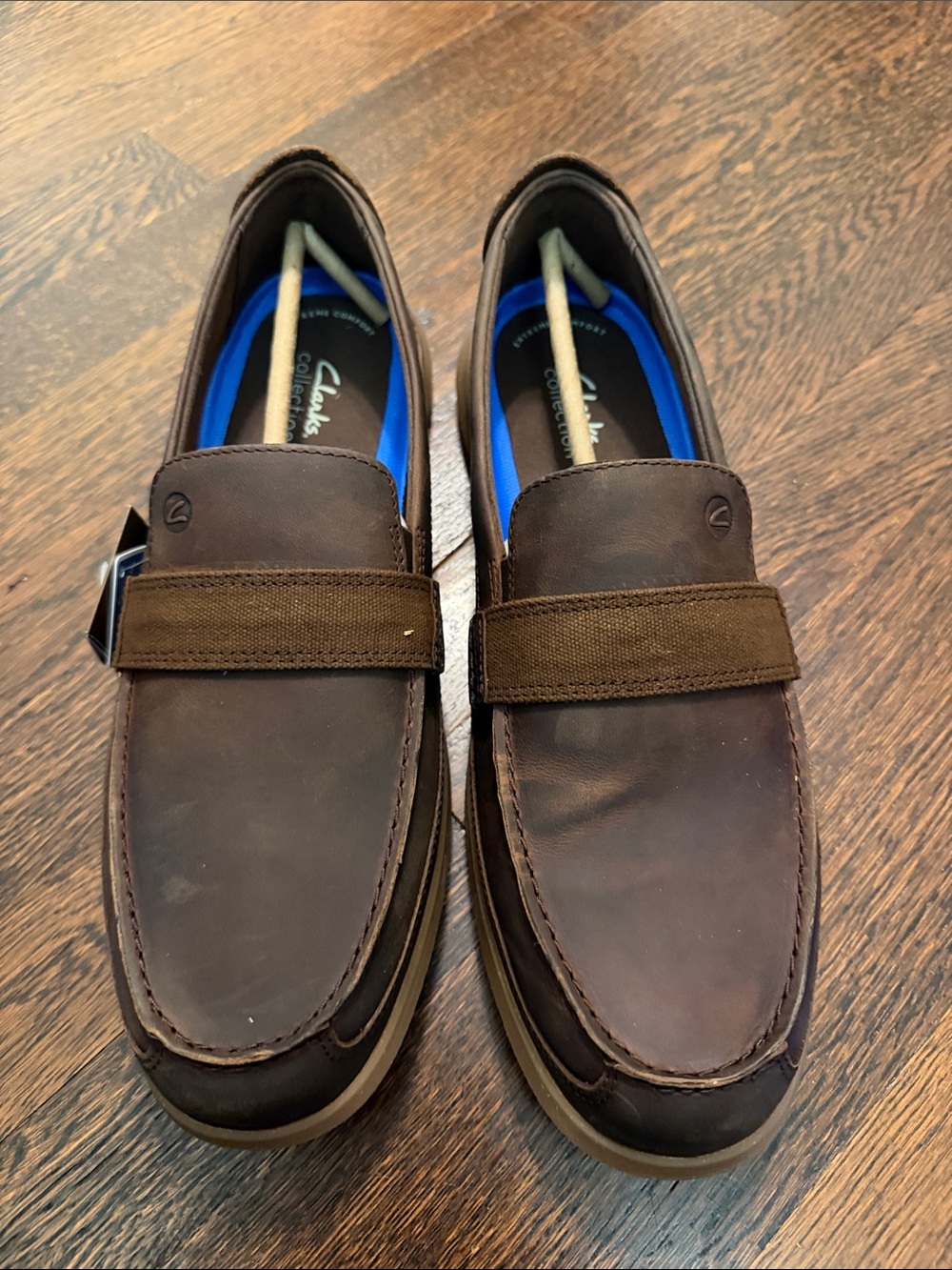 Clarks Men’s Dark Brown Leather Slip-On Loafers with Fabric Strap